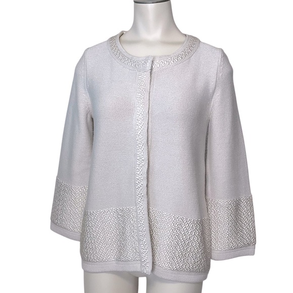 BODEN sz 4 Elegant Cardigan Sweater 3/4 Sleeve Chunky Knit Neutral w Blush Pink - Picture 1 of 10